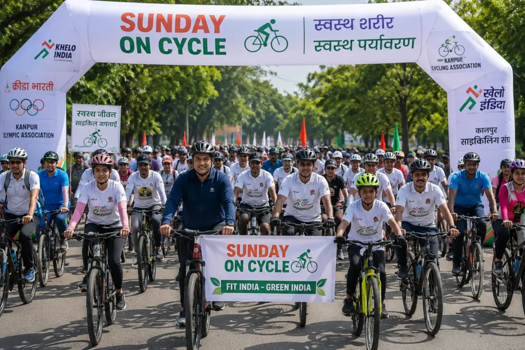 कानपुर के ग्रीन पार्क स्टेडियम से संडे ऑन साइकिल मिशन के तहत निकली साइकिल रैली में शामिल प्रतिभागी।