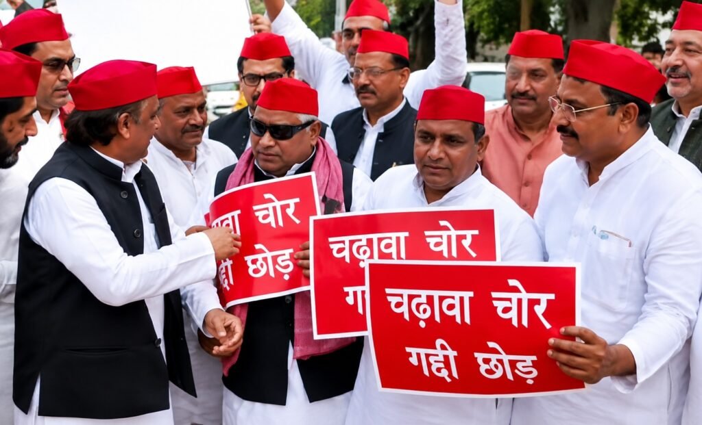संसद भवन के बाहर दानपेटी के साथ प्रदर्शन करते समाजवादी पार्टी के सांसद।
