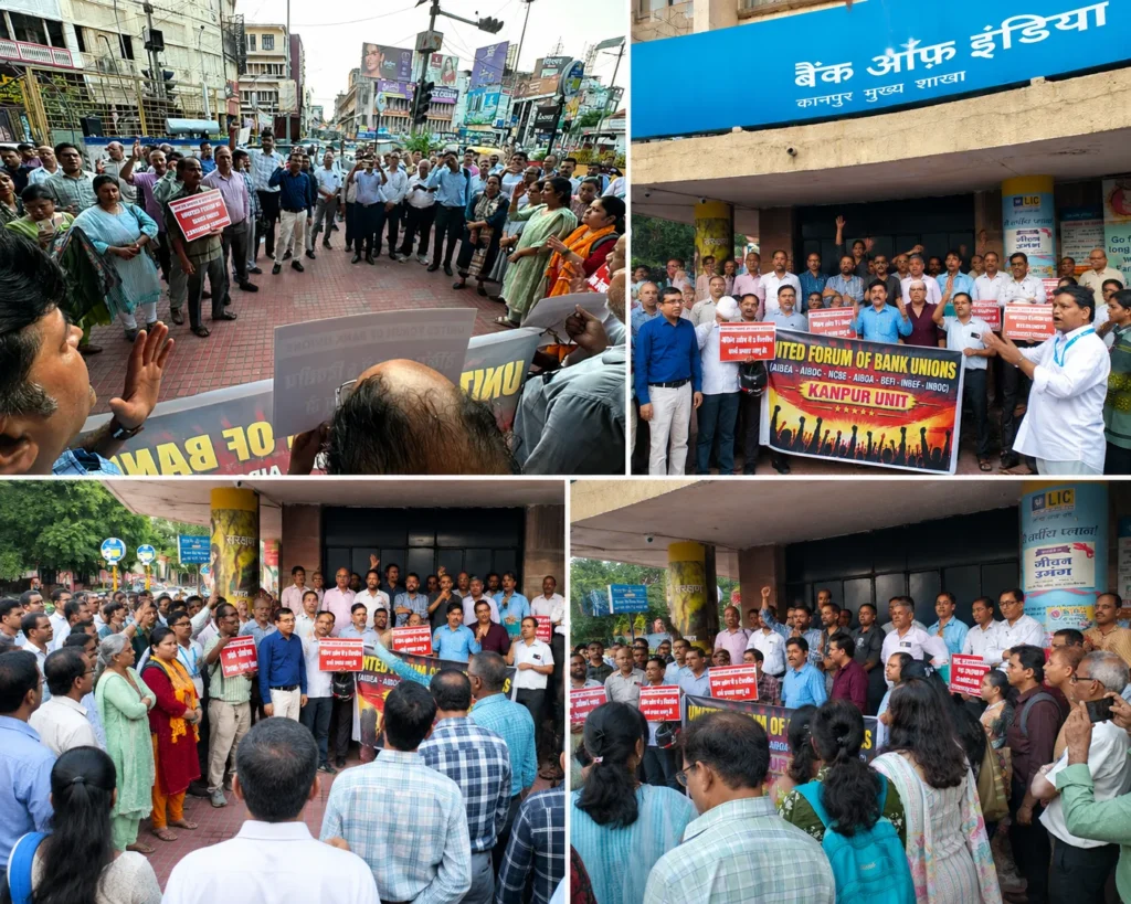 कानपुर के फूलबाग में फाइव डे बैंकिंग की मांग को लेकर प्रदर्शन करते बैंक अधिकारी और कर्मचारी