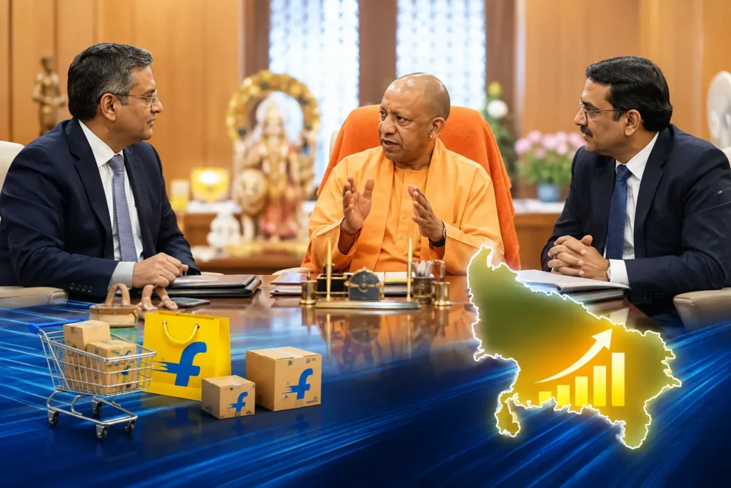 मुख्यमंत्री योगी आदित्यनाथ और फ्लिपकार्ट के सीईओ के बीच उत्तर प्रदेश में डिजिटल कॉमर्स, MSME और ODOP उत्पादों को बढ़ावा देने पर बैठक।