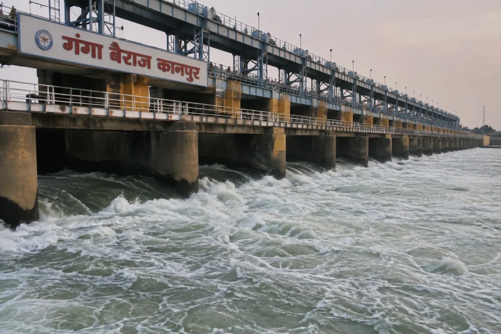 कानपुर गंगा बैराज में बढ़ते जलस्तर और तेज बहाव का दृश्य