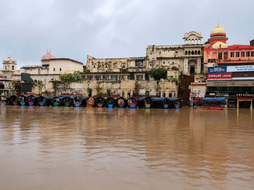 चित्रकूट में रिकॉर्ड बाढ़ के दौरान उफनती मंदाकिनी नदी और जलमग्न रामघाट क्षेत्र