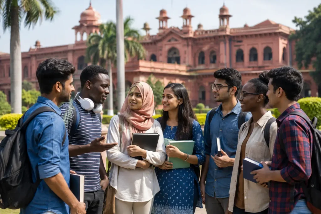 CSJMU में पढ़ाई के लिए आवेदन करने वाले विदेशी विद्यार्थियों और विश्वविद्यालय परिसर का प्रतिनिधि दृश्य