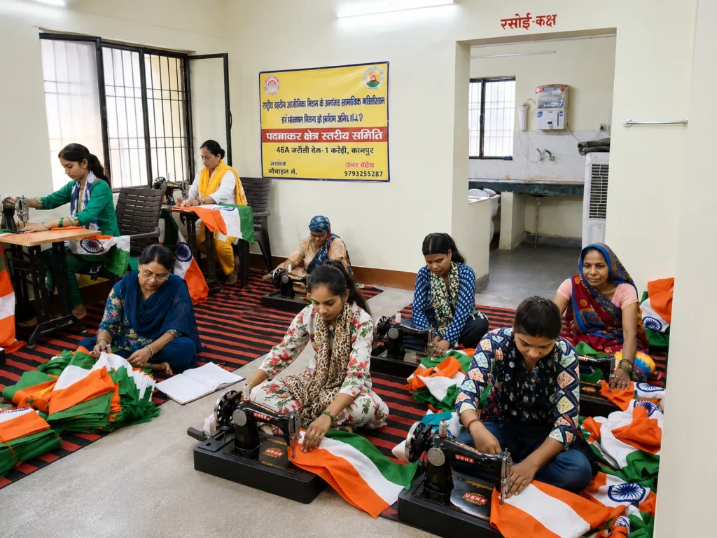 कानपुर में स्वयं सहायता समूहों की ग्रामीण महिलाएं हर घर तिरंगा अभियान के लिए तिरंगे तैयार करती हुईं
