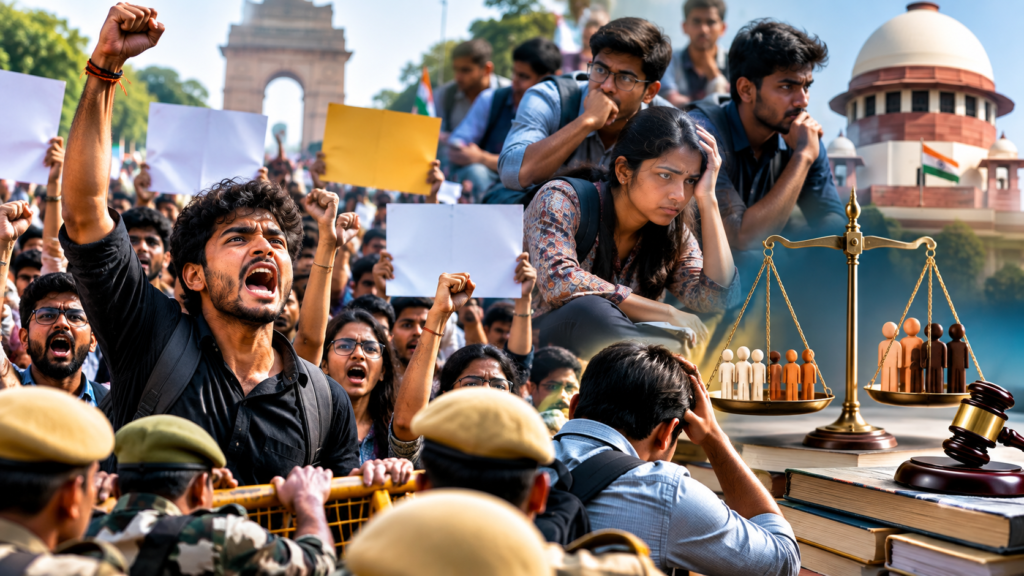 जंतर-मंतर पर आरक्षण विरोधी प्रदर्शन में रोजगार, प्रतियोगी परीक्षाओं और समान अवसर को लेकर युवाओं की भीड़