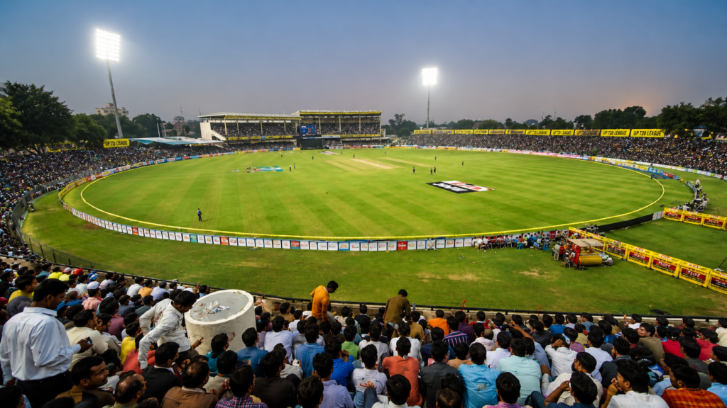 ग्रीन पार्क कानपुर में UP T20 League के मुकाबले के दौरान क्रिकेट खिलाड़ी