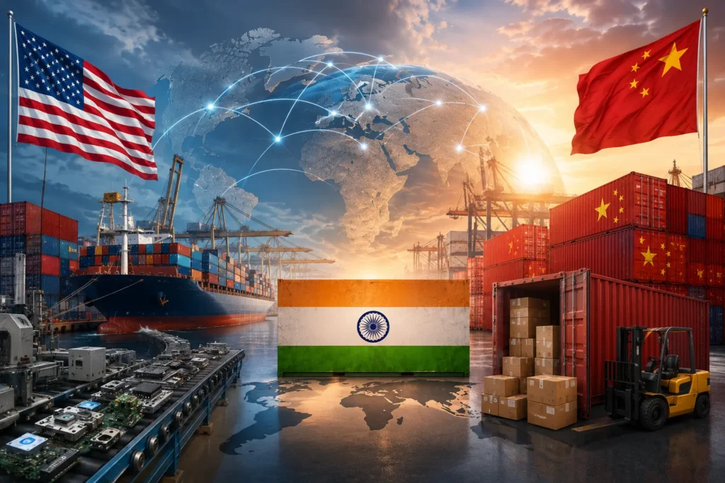 अमेरिका-चीन टैरिफ युद्ध के बीच भारत में बदलती वैश्विक सप्लाई चेन और China+1 रणनीति का प्रतिनिधित्व करता दृश्य