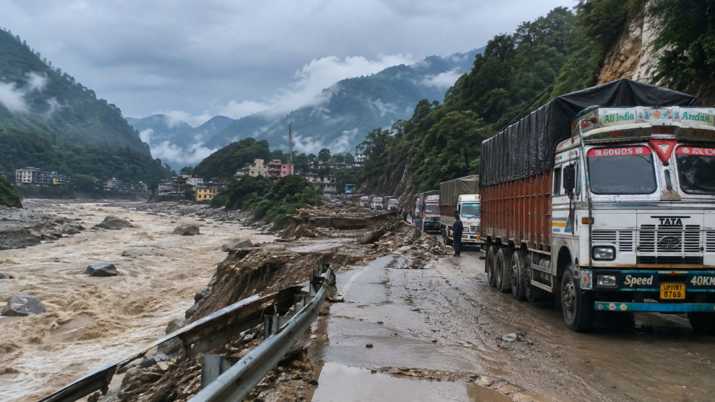 नेपाल में बाढ़ और भूस्खलन से प्रभावित सड़क पर फंसे मालवाहक वाहन, भारत-नेपाल सप्लाई चेन पर असर