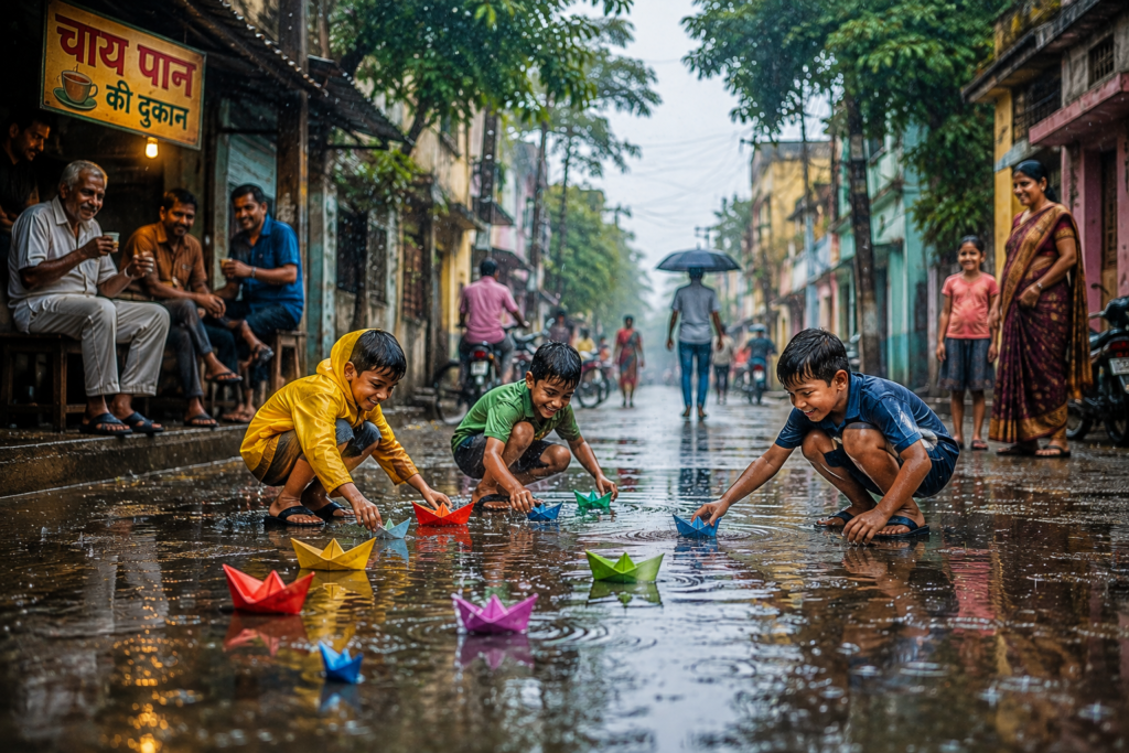 Paper Boats in Rain के दौरान बारिश में कागज की नाव बनाते बच्चे