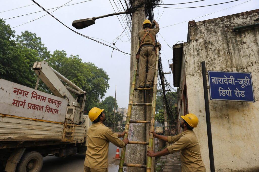 कानपुर में स्ट्रीट लाइट ठीक करते समय करंट की चपेट में आए नगर निगम के तीन लाइनमैन