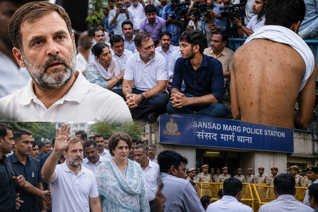 राहुल गांधी साहिल लोछाब और उनकी मां के साथ पुलिस कार्यालय के बाहर धरने पर बैठे
