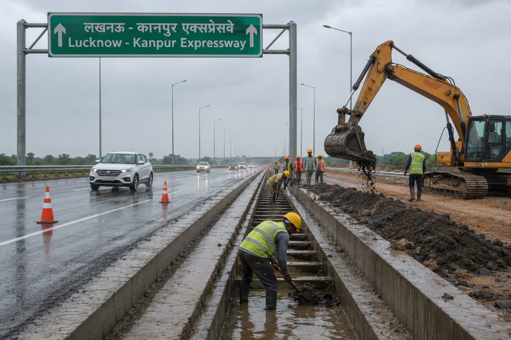 लखनऊ-कानपुर एक्सप्रेसवे पर जलभराव रोकने के लिए ड्रेनेज सुधार कार्य