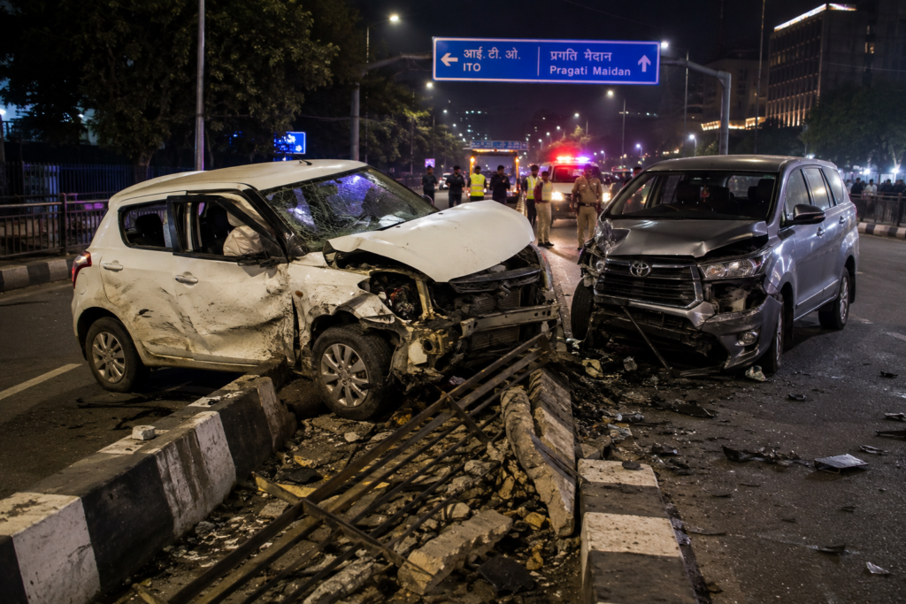 दिल्ली के ITO पर CNG सिलेंडर में धमाके के बाद क्षतिग्रस्त स्विफ्ट और इनोवा कार