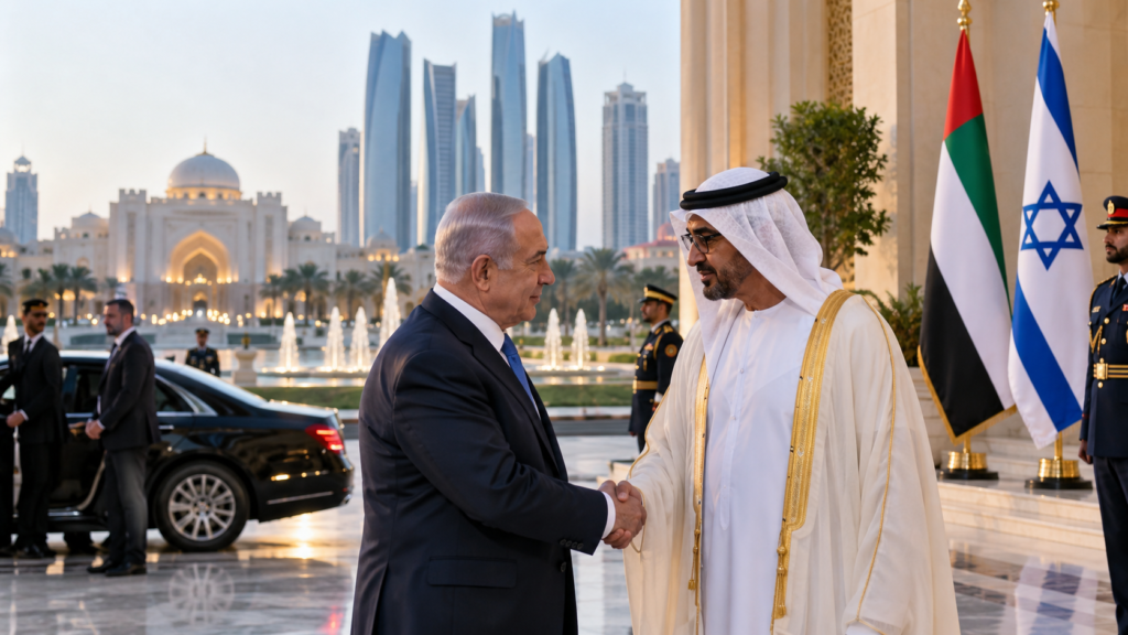नेतन्याहू ने 27 सितंबर को अचानक अबू धाबी पहुंचकर UAE राष्ट्रपति शेख मोहम्मद बिन जायद से मुलाकात की। बैठक का एजेंडा अभी सार्वजनिक नहीं हुआ है।