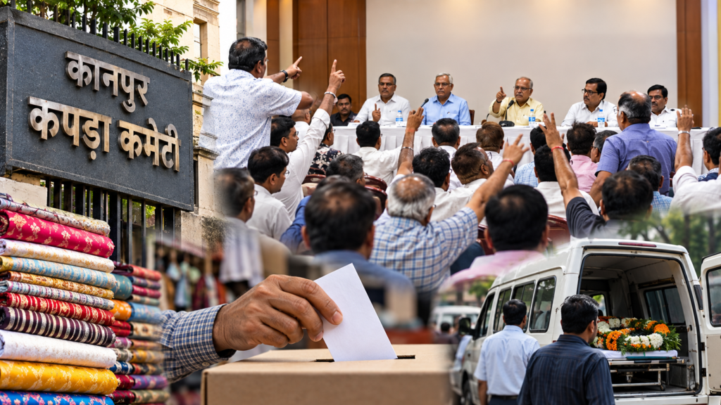 कानपुर कपड़ा कमेटी की आम सभा में मतपत्र, शव वाहन और 2,300 व्यापारियों के मुकाबले 23 निदेशकों को लेकर विवाद और तीखी बहस हुई।