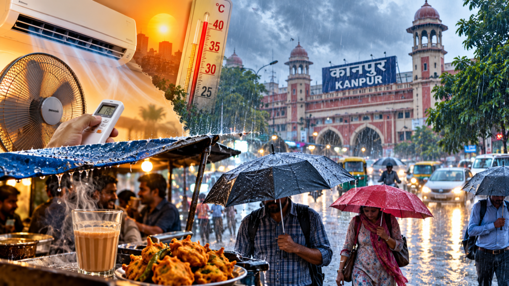 कानपुर में लगातार बारिश के बाद छाते लेकर निकलते लोग और बदला हुआ मौसम