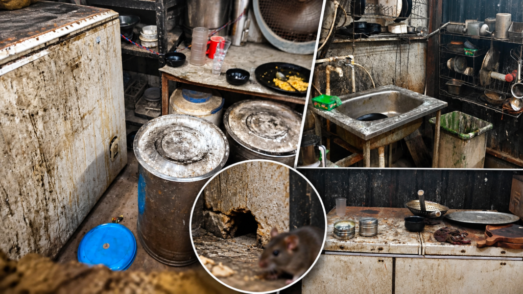 मोतीझील के द कैफे पाई के किचन में चूहों के बिल और गंदगी मिलने पर कार्रवाई