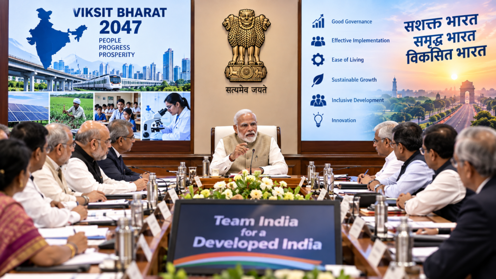 PM मोदी के चिंतन शिविर में मंत्रालयों के कामकाज, योजनाओं के क्रियान्वयन, समन्वय और विकसित भारत 2047 की अगली प्राथमिकताओं पर मंथन हो रहा है।