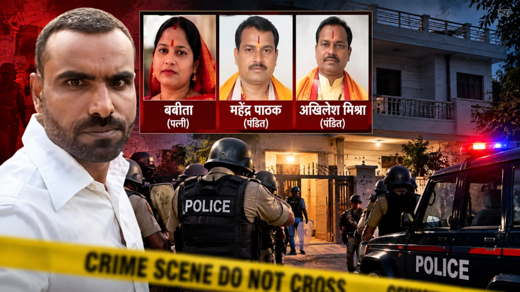 आजमगढ़ में पत्नी और दो पुजारियों की हत्या के बाद बच्चों को बंधक बनाने वाला अरविंद एनकाउंटर में ढेर, बेटे समेत पांच की मौत। जानें पूरा मामला।