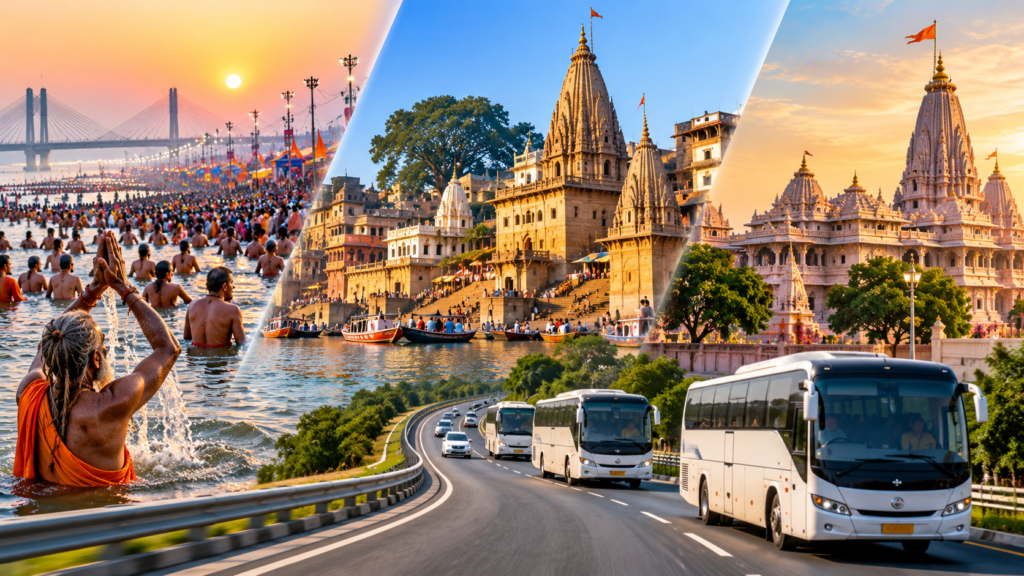माघ मेला 2027 से पहले प्रयागराज, काशी और अयोध्या को धार्मिक सर्किट से जोड़ने की तैयारी, परिवहन, पार्किंग और यातायात व्यवस्था पर फोकस।