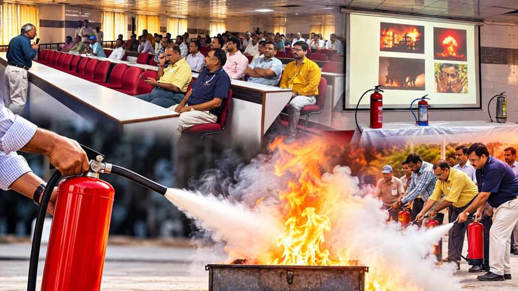 UPUMS सैफई में फायर सेफ्टी मॉक ड्रिल हुई। कर्मचारियों ने खुद फायर एक्सटिंग्विशर चलाकर आग बुझाने, सुरक्षित निकासी और त्वरित प्रतिक्रिया का प्रशिक्षण लिया।