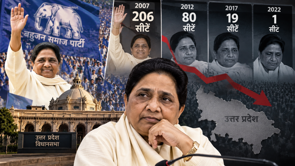 बसपा 2007 में 206 सीटों और 30.43% वोट से सत्ता में आई थी। 2022 में पार्टी एक सीट और 12.88% वोट पर सिमट गई। जानें पूरा चुनावी सफर।