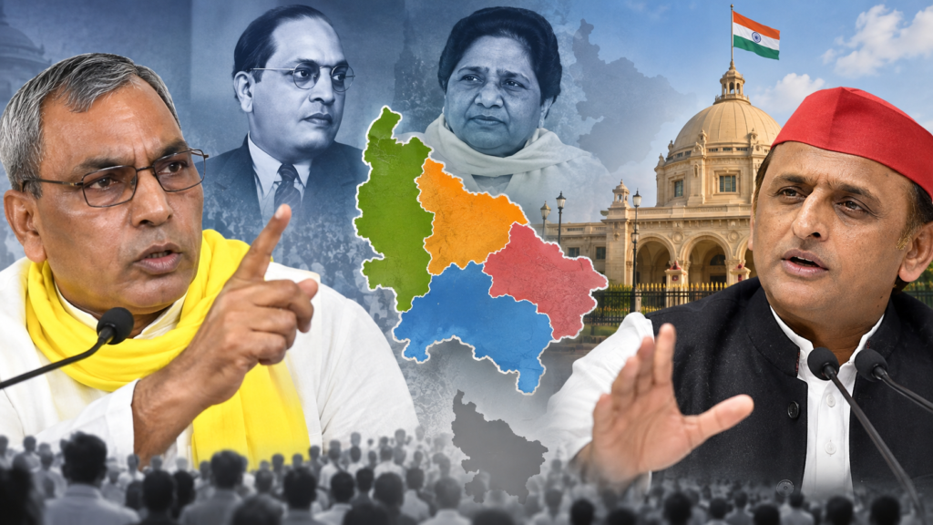 ओम प्रकाश राजभर के यूपी को 4 हिस्सों में बांटने के बयान पर अखिलेश यादव का पलटवार। जानिए आंबेडकर और मायावती के पुराने प्रस्ताव और संवैधानिक प्रक्रिया।
