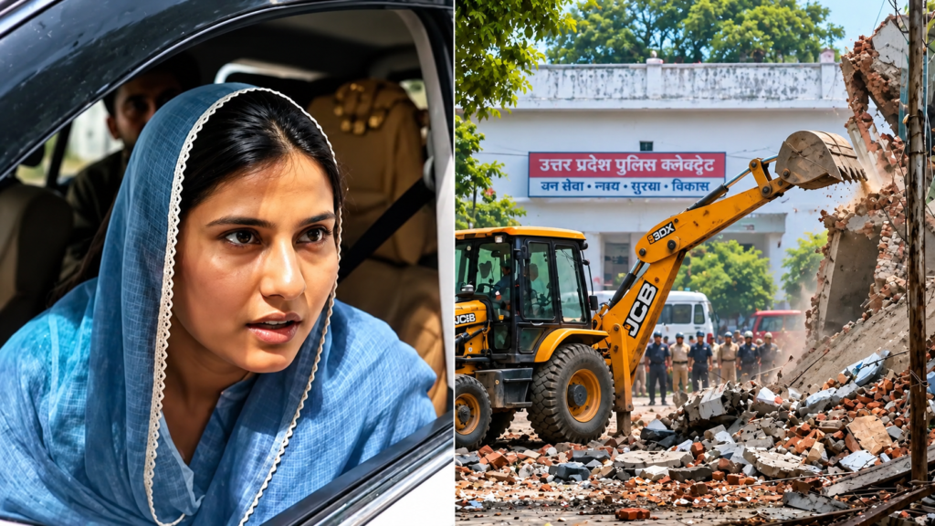 सहारनपुर कलेक्ट्रेट परिसर की मस्जिद पर प्रशासन की बुलडोजर कार्रवाई और मौके पर तैनात भारी पुलिस बल।