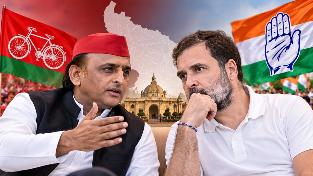 यूपी 2027 से पहले सपा-कांग्रेस में सीट बंटवारे पर पेच। कांग्रेस 100+ सीटों की मांग और सपा के 60-70 सीटों के फॉर्मूले की चर्चा।