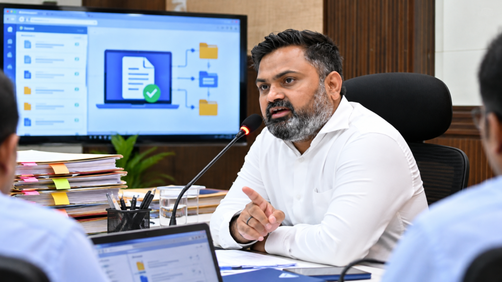 कानपुर में ई-ऑफिस पर सरकारी पत्रावलियों के ऑनलाइन संचालन की समीक्षा करते जिलाधिकारी महेंद्र सिंह तंवर