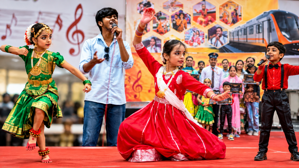 कानपुर के बड़ा चौराहा मेट्रो स्टेशन पर नवरात्र के पहले दिन ‘शो योर टैलेंट’ कार्यक्रम में नृत्य, कविता और संगीत प्रस्तुत करते कलाकार