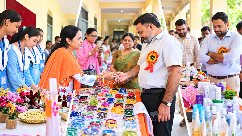 कानपुर में जिला स्तरीय नव प्रवर्तन प्रदर्शनी में बच्चों के हस्तशिल्प और अन्य उत्पादों का प्रदर्शन, साथ ही किसानों के लिए एकीकृत कृषि मॉडल की प्रस्तुति