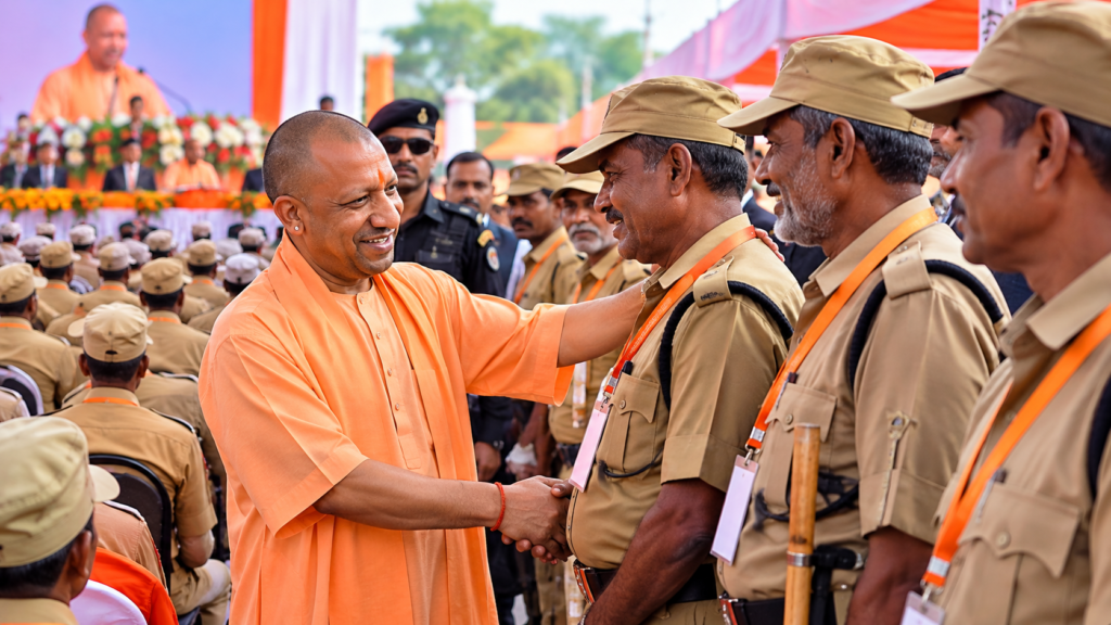 बरेली पुलिस लाइन में ग्राम प्रहरियों के कार्यक्रम को संबोधित करते मुख्यमंत्री योगी आदित्यनाथ, मानदेय वृद्धि और कैशलेस इलाज की घोषणा