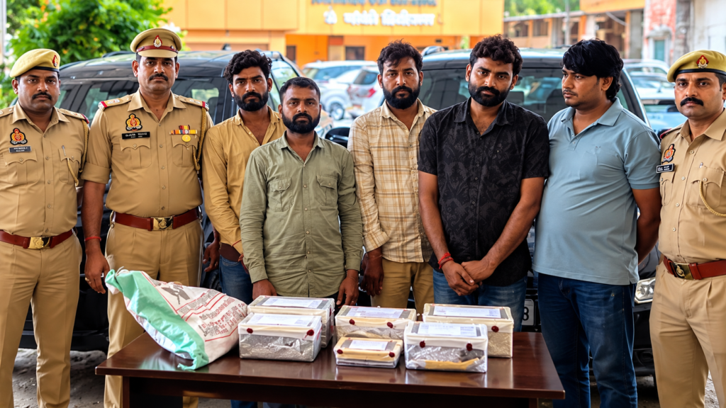 आगरा में चलती बस से 48 किलो चांदी चोरी के मामले में गिरफ्तार पांच आरोपी और पुलिस द्वारा बरामद चांदी।