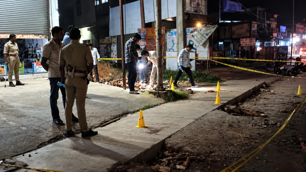 पीलीभीत के अमरिया में रामलीला कमेटी के हिसाब के विवाद में फायरिंग के बाद घटनास्थल पर पुलिस जांच
