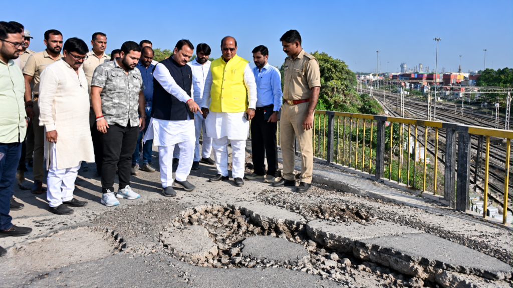 Panki Padav Bridge Kanpur with damaged road and potholes during inspection by MP and MLA