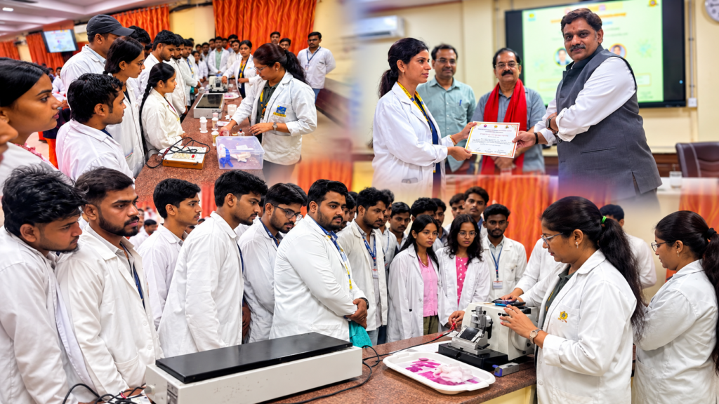 CSJMU में हिस्टोपैथोलॉजी कार्यशाला के दौरान माइक्रोटोम से स्लाइड तैयार करते छात्र