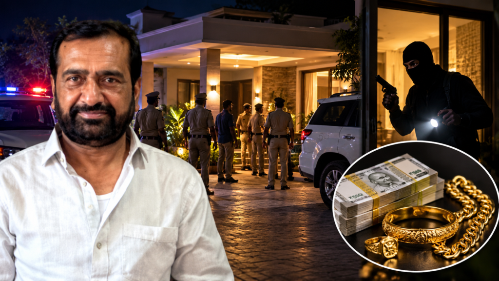 कानपुर के न्यूरी गांव में भाजपा नेता रमेश सिंह यादव के फार्महाउस में लूट की घटना के बाद जांच करती पुलिस