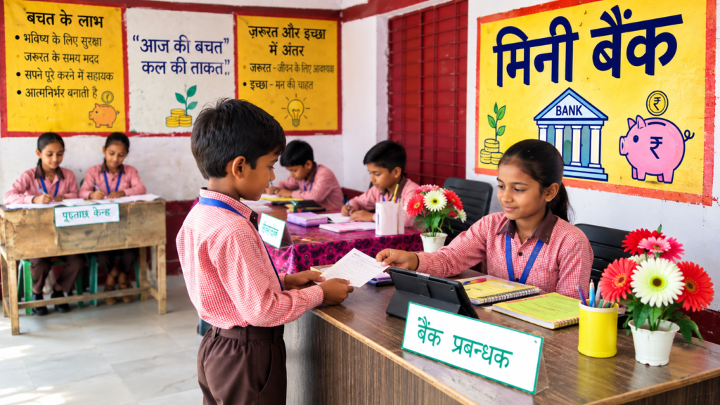 कानपुर देहात के स्कूल में मिनी बैंक गतिविधि करते बच्चे