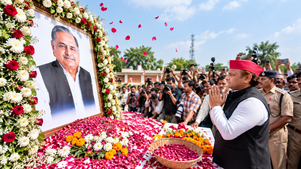 सैफई में मुलायम सिंह यादव की चौथी पुण्यतिथि पर अखिलेश यादव, शिवपाल सिंह यादव, रामगोपाल यादव और डिंपल यादव ने समाधि स्थल पर श्रद्धांजलि अर्पित की।