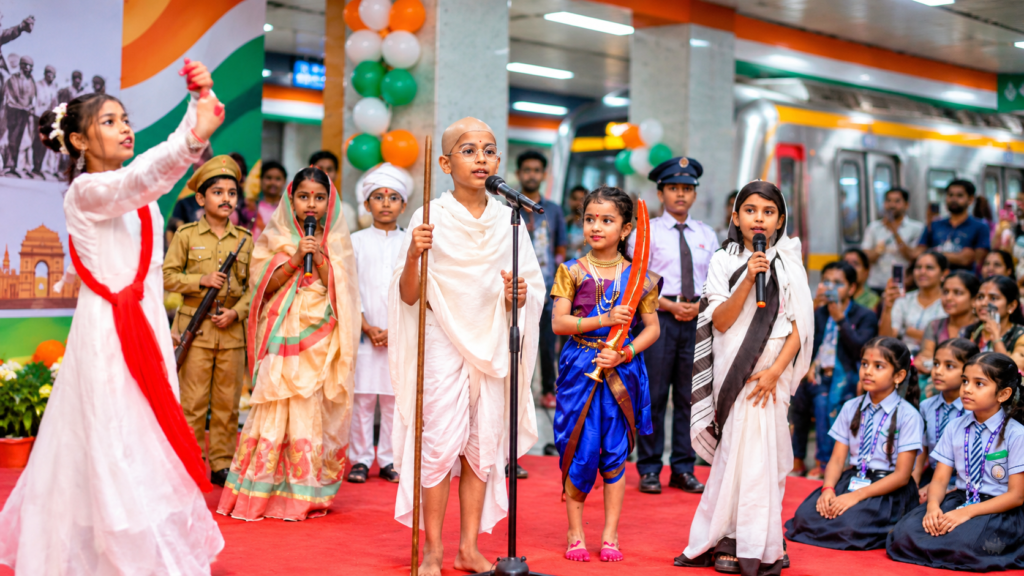 Children dressed as freedom fighters at Kanpur Central Metro Station