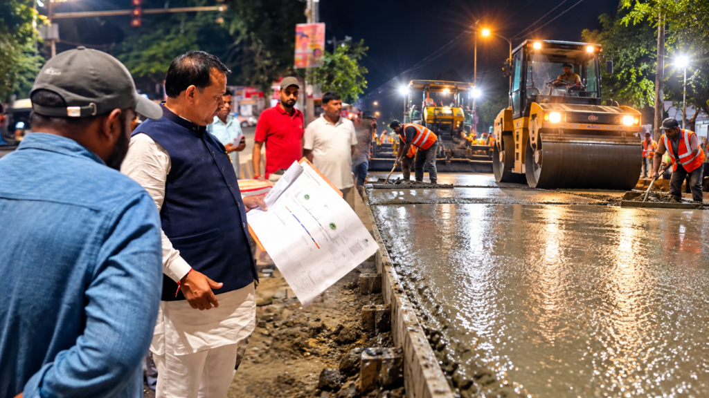 कानपुर में सांसद रमेश अवस्थी ने आधी रात बाद दीप टॉकीज चौराहे से गौशाला रोड तक सीएम ग्रिड सड़क निर्माण का निरीक्षण किया