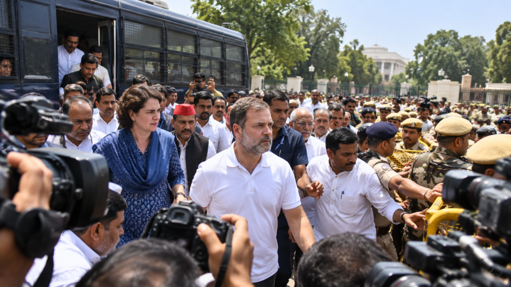 SIR विरोध प्रदर्शन में राहुल गांधी और प्रियंका गांधी आकाशवाणी भवन परिसर में धरने पर बैठे