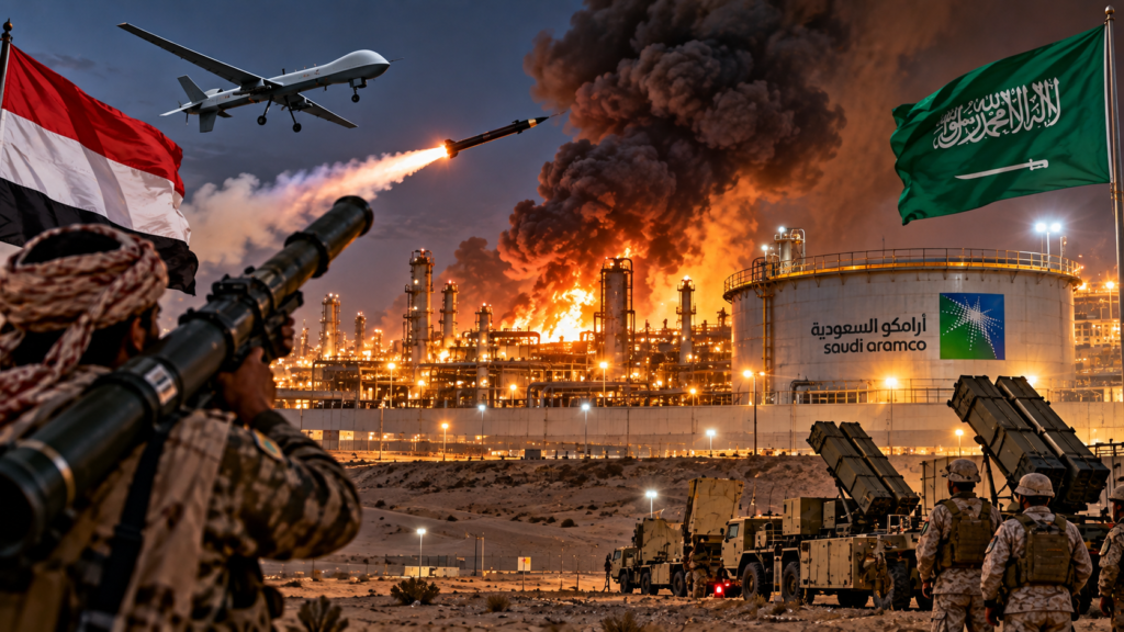 रियाद के पास Aramco सुविधा में आग और धुएं का गुबार